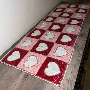 NEW Valentine’s Day Heart Print Beaded Runner Red Pink & White 13”x36”